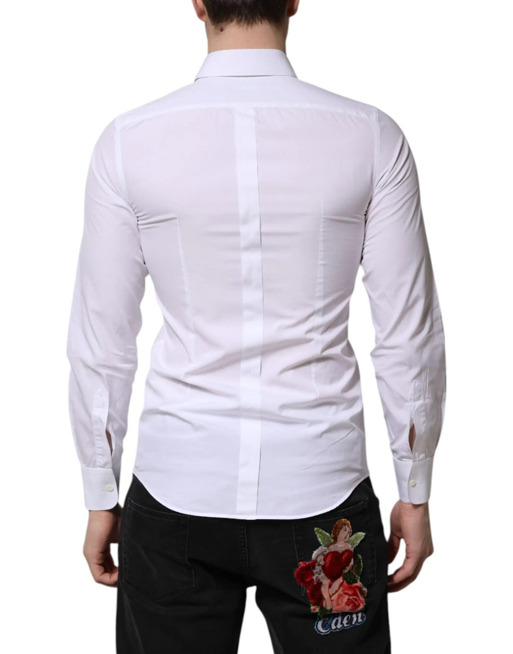 Chemise homme blanche en coton à manches longues dolce gabbana vue dos avec couture et broderie chérubin