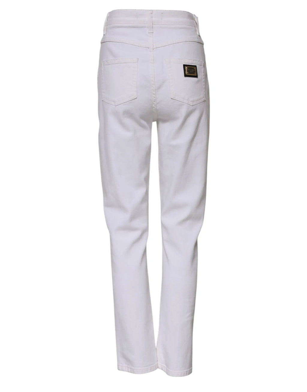 Jeans en denim blanc dolce & gabbana en coton taille haute coupe droite vue arrière avec poche classique et patch en cuir brun