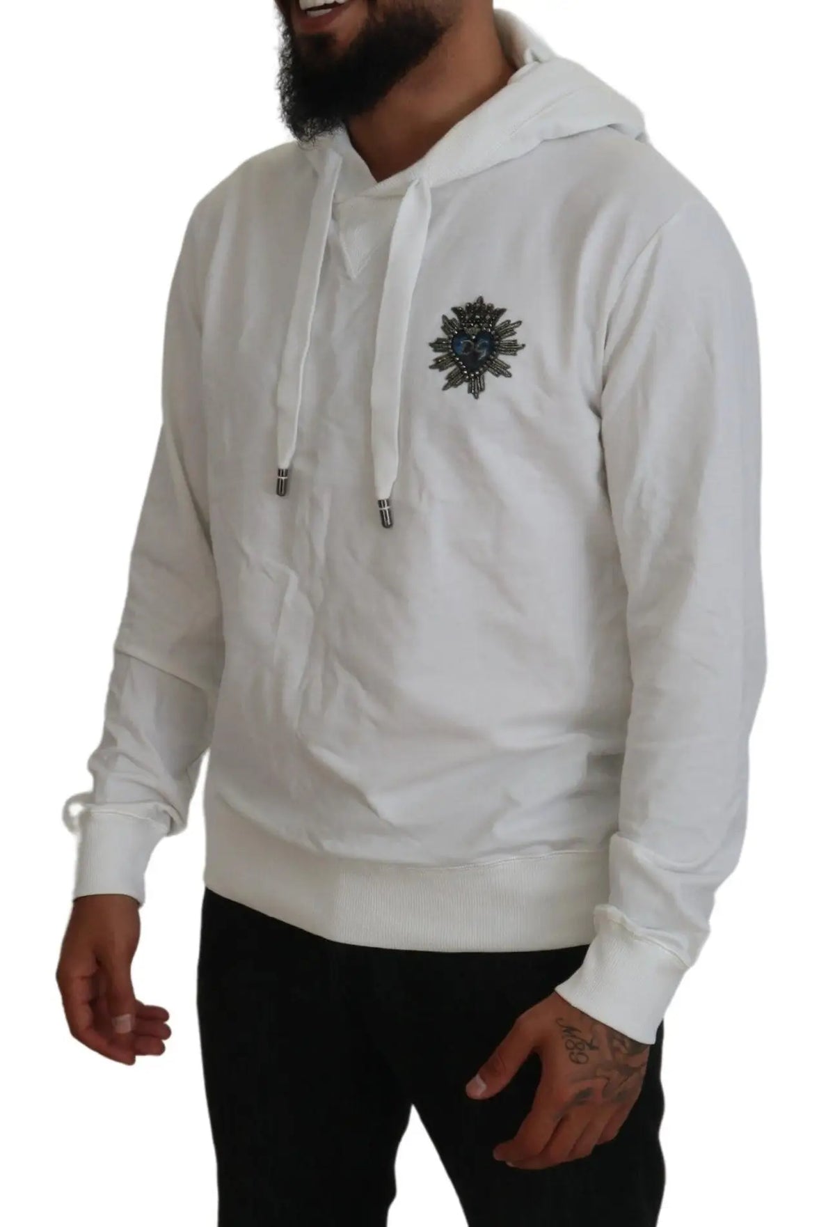 Sweat à capuche dolce & gabbana blanc en coton avec logo soleil brodé noir et cordons assortis