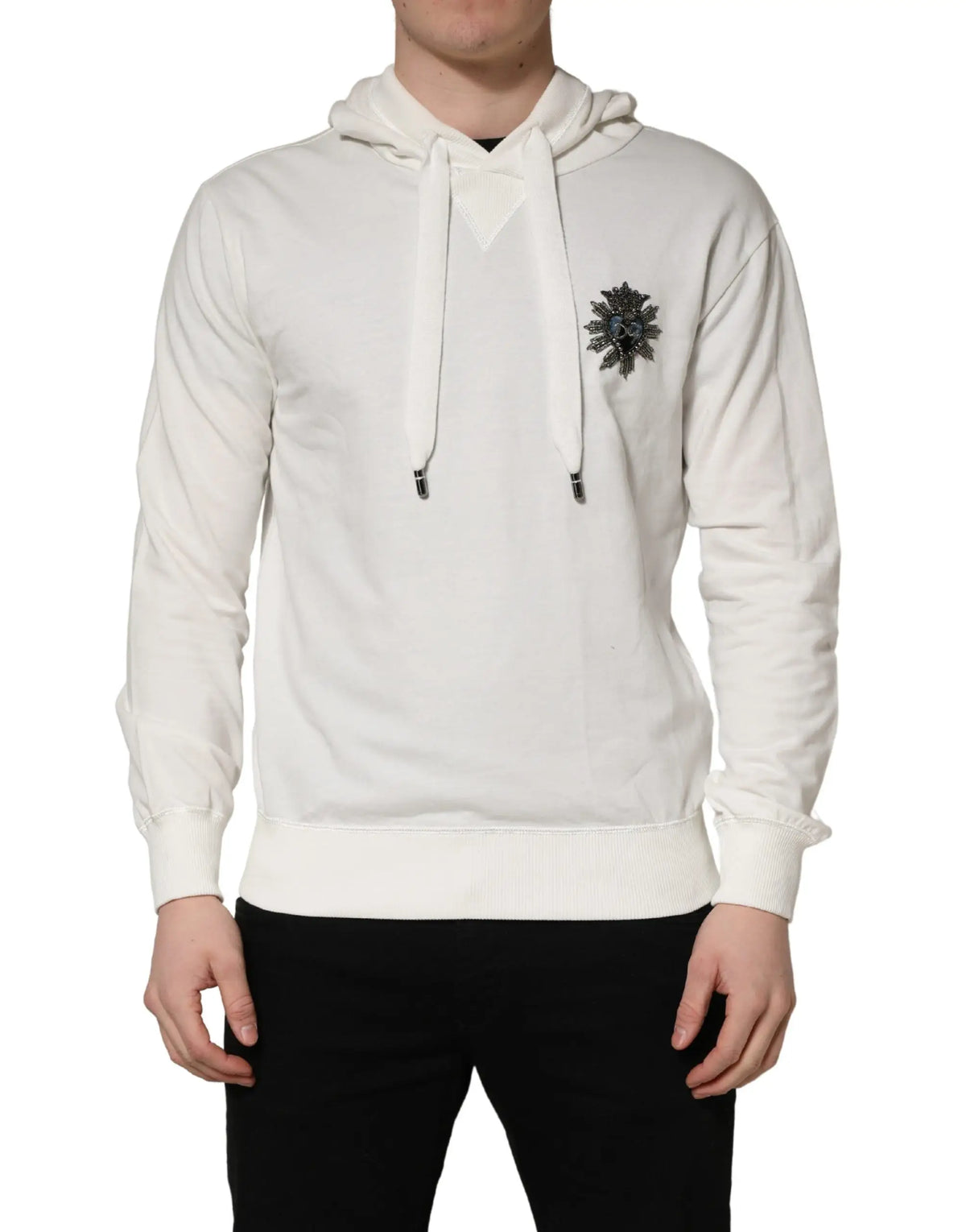Dolce & gabbana sweat à capuche blanc en coton avec patch floral noir brodé et cordons assortis