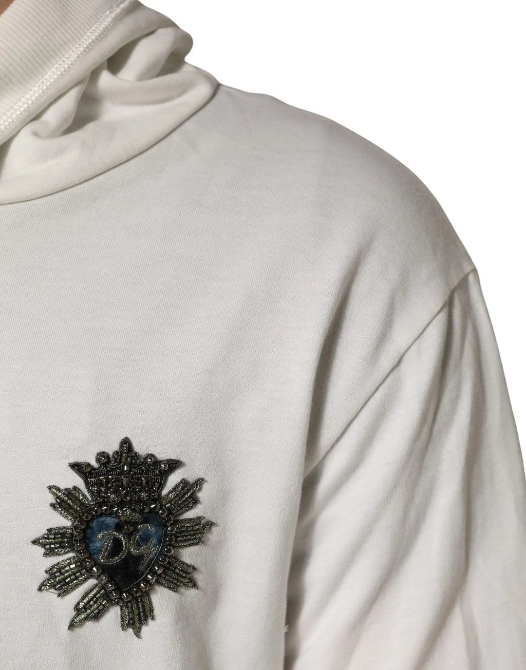 Dolce gabbana sweat à capuche blanc en coton avec broche noire perlée couronne et cœur brodée détaillée