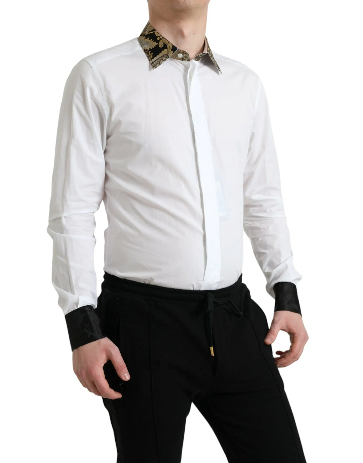 Chemise formelle blanche en coton jacquard Dolce & Gabbana avec col et poignets ornés or et noir