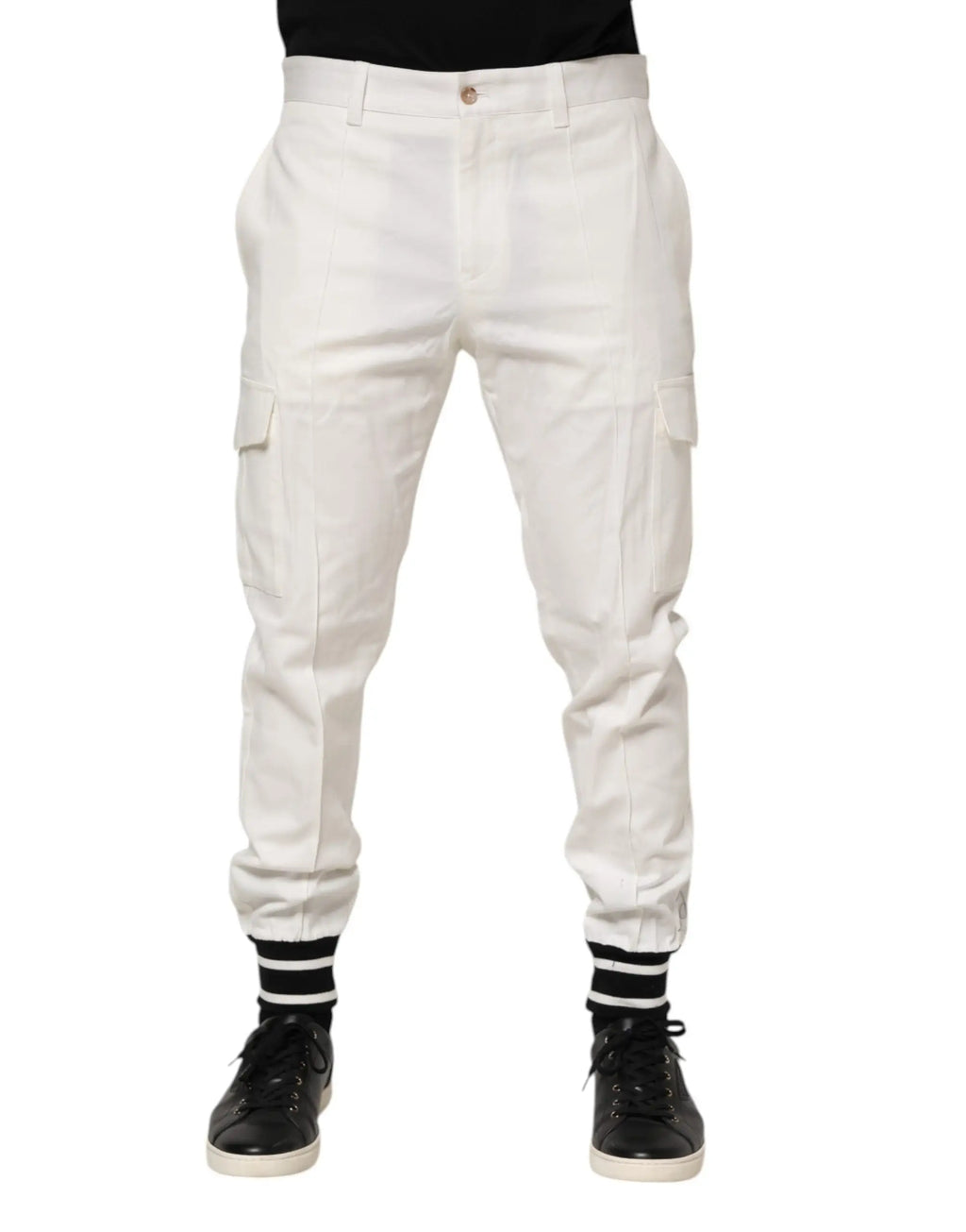 Pantalon cargo blanc dolce & gabbana en coton avec jambes fuselées et poignets rayés noirs et blancs