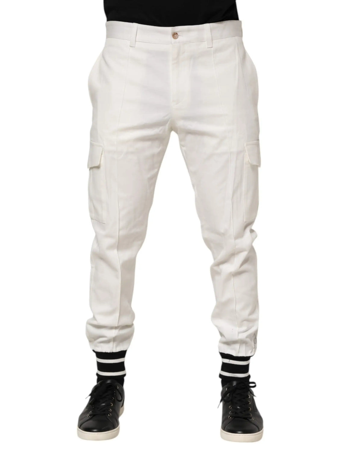 Pantalon cargo blanc dolce & gabbana en coton avec jambes fuselées et poignets rayés noirs et blancs