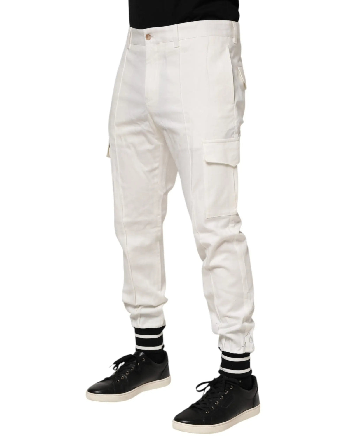 Pantalon cargo blanc dolce & gabbana en coton avec poches multiples coupe skinny et poignets rayés noir et blanc