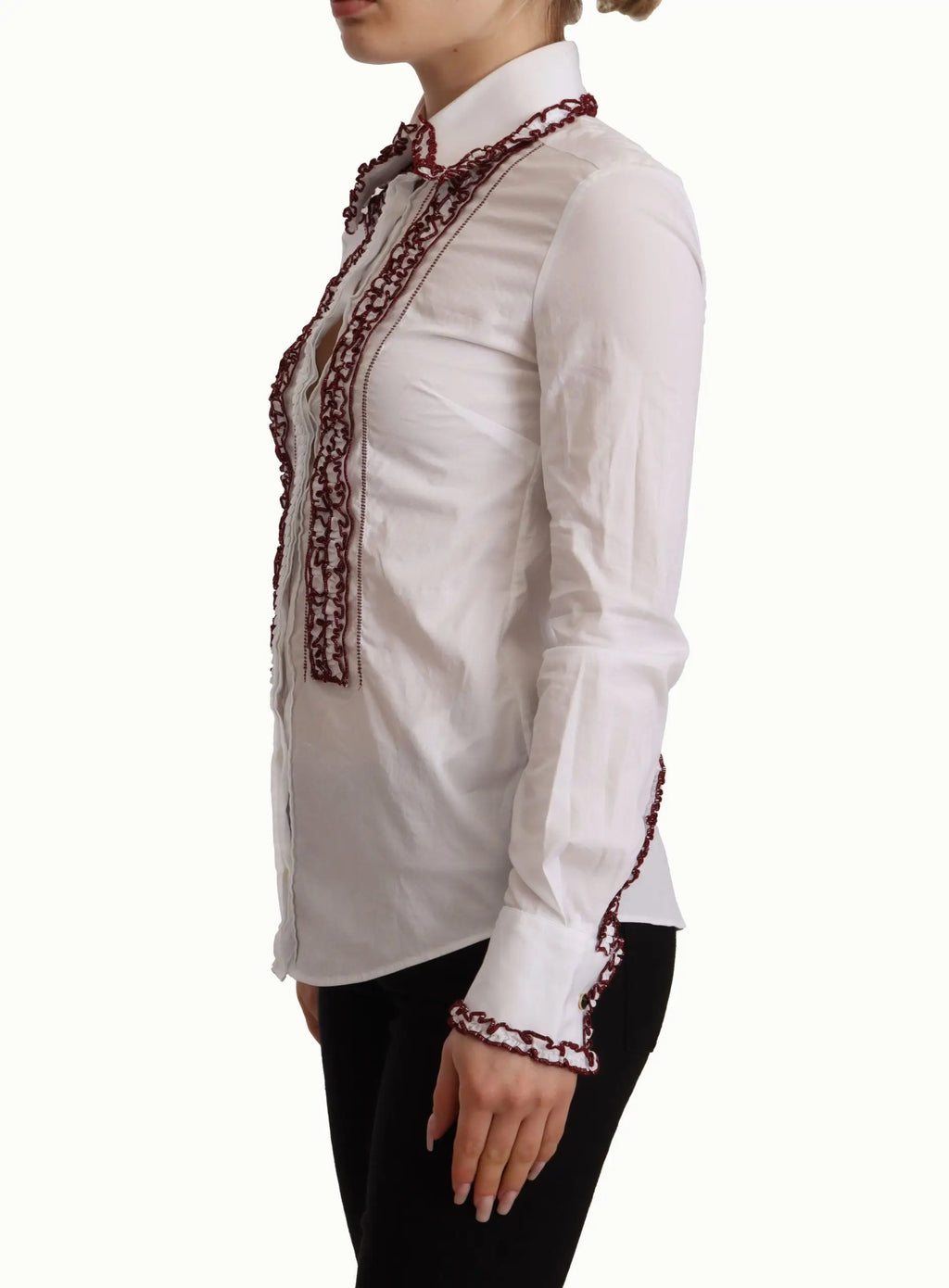 Blouse blanche à manches longues dolce & gabbana en coton avec broderie bordeaux sur patte de boutonnage col et poignets