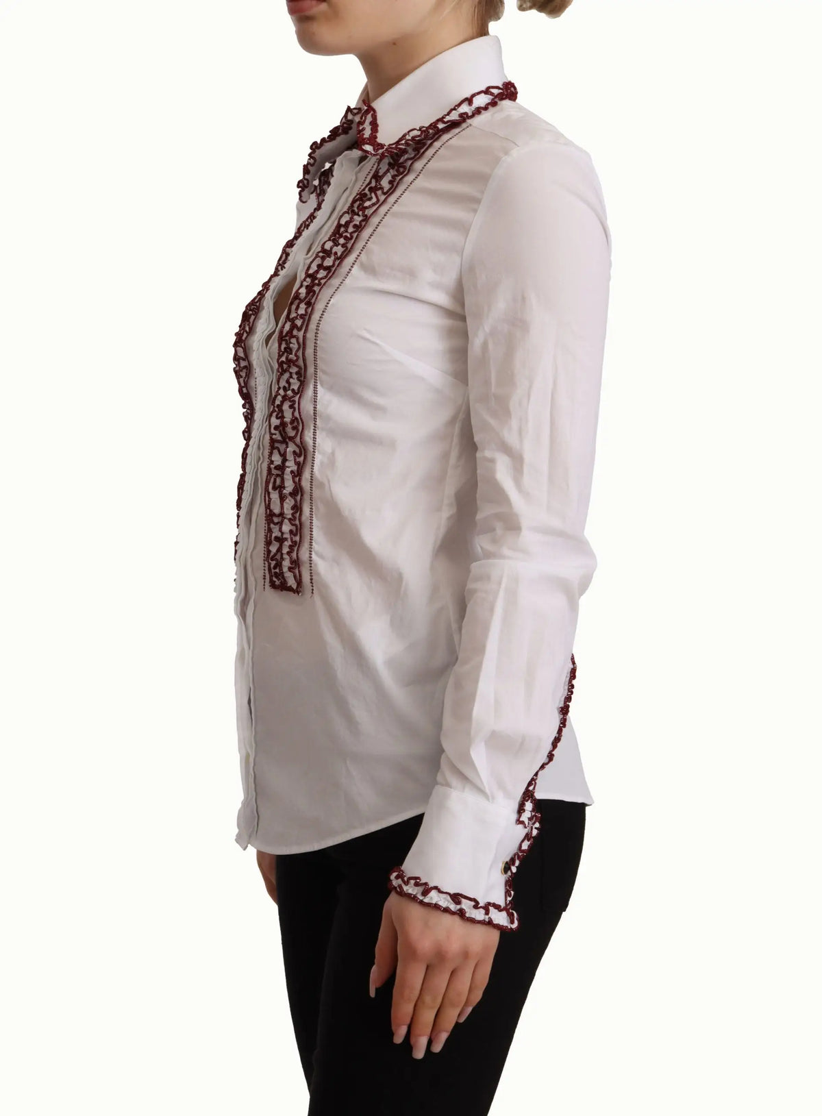 Blouse blanche à manches longues dolce & gabbana en coton avec broderie bordeaux sur patte de boutonnage col et poignets