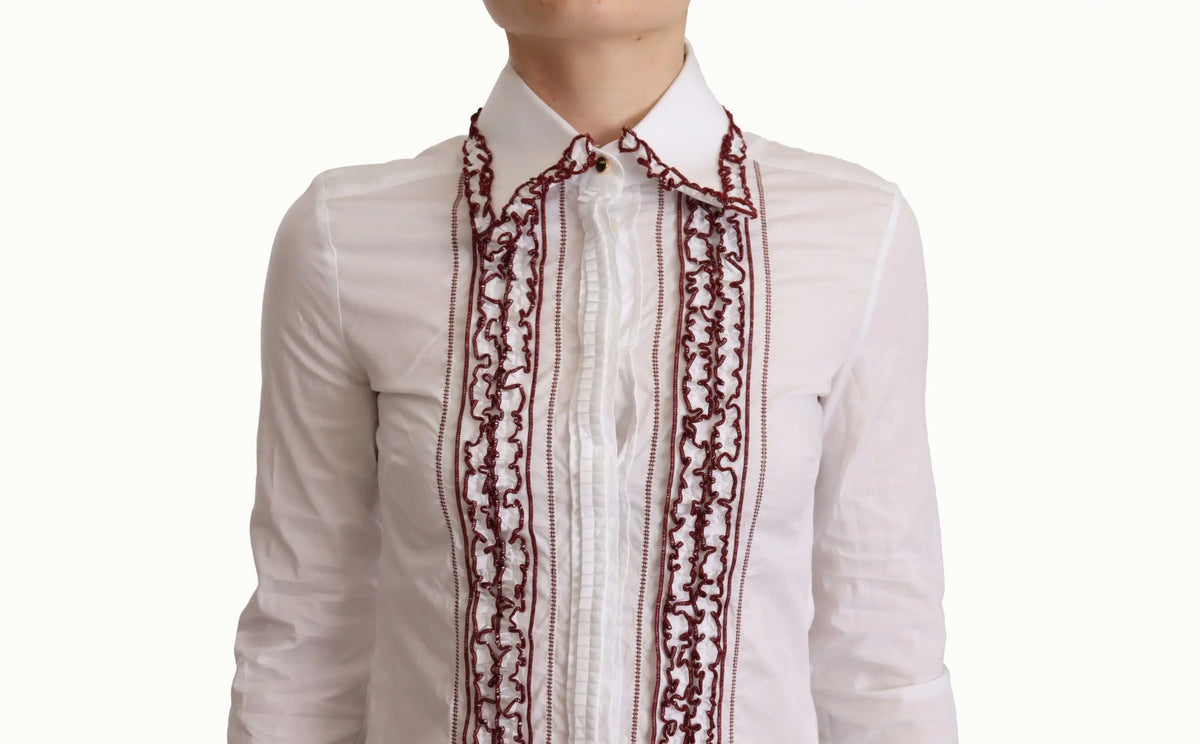 Blouse blanche dolce & gabbana en coton avec broderie bordeaux détaillée et col à volants manches longues