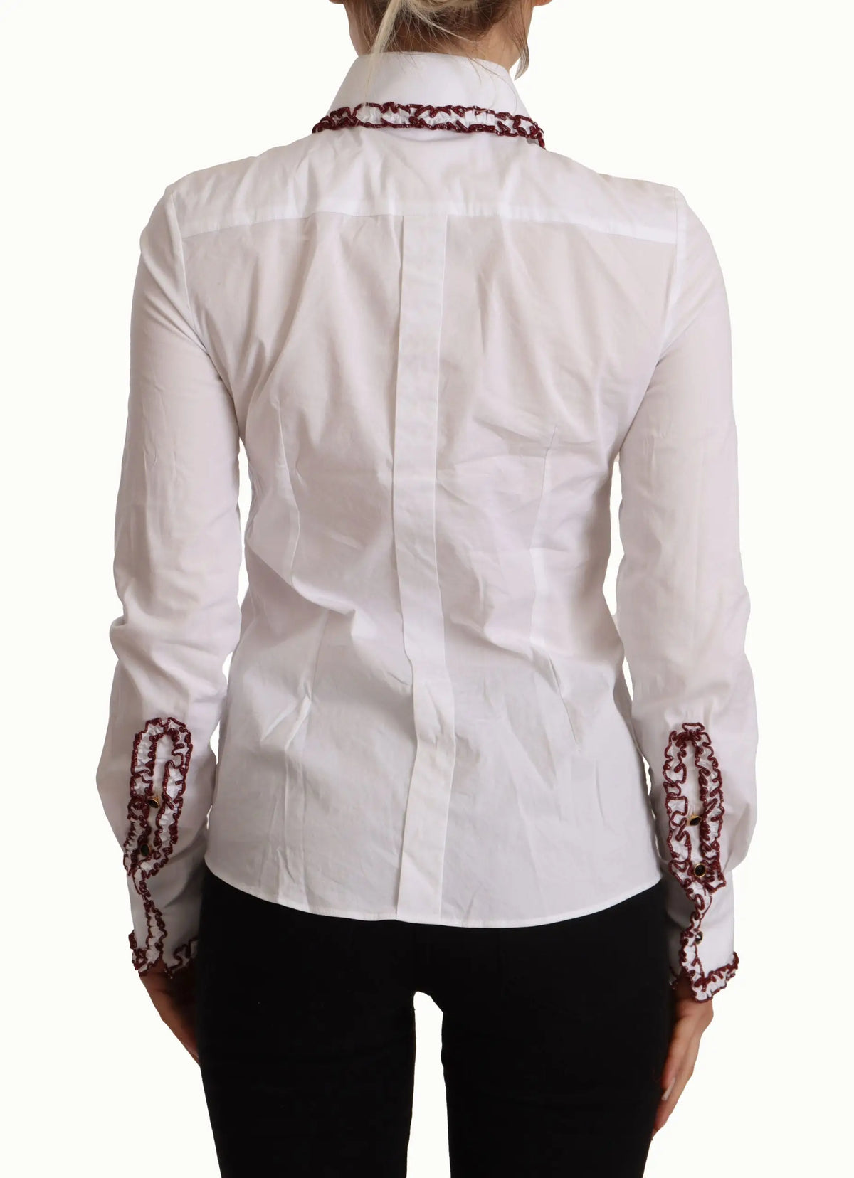 Blouse blanche Dolce & Gabbana en coton avec col et poignets à bordure tressée bordeaux et blanche