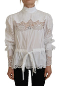 Blouse blanche dolce & gabbana en coton avec col roulé dentelle et taille nouée manches bouffantes