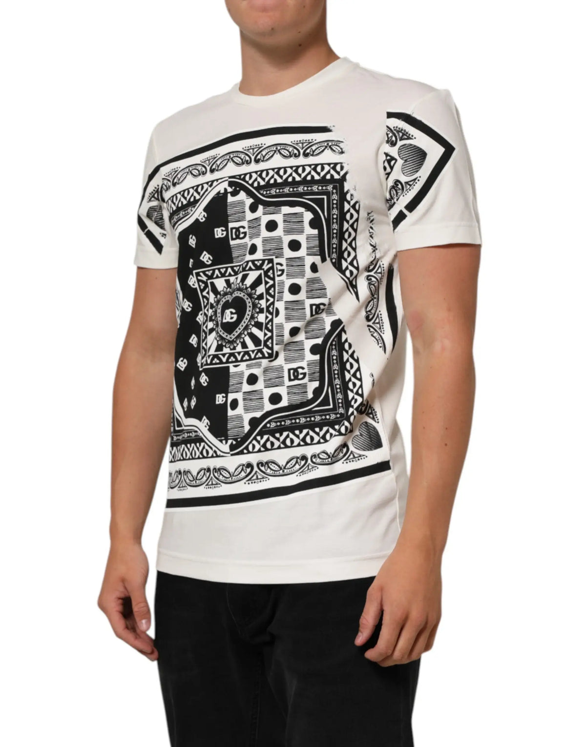 T-shirt blanc dolce & gabbana en coton avec imprimé bandana noir et motifs dg pour homme