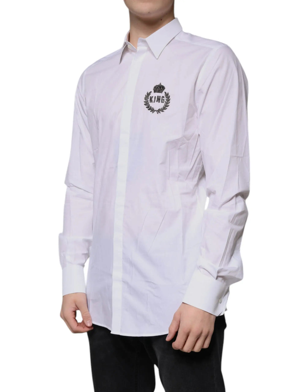 Chemise homme formelle blanche en coton dolce et gabbana avec crest brodé king noir sur la poitrine