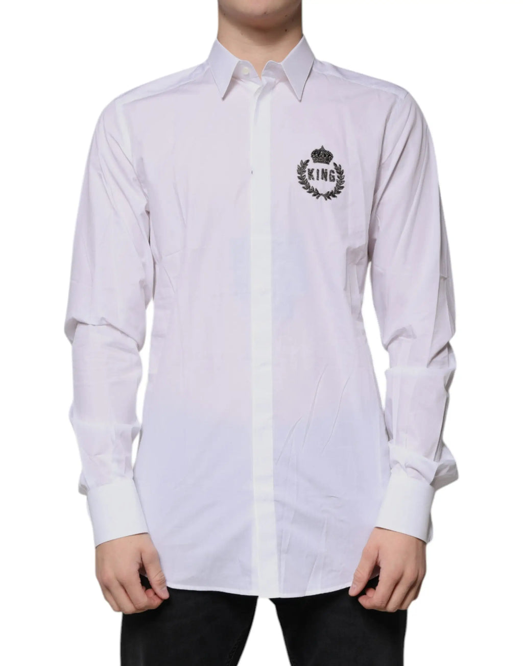 Chemise formelle pour homme dolce & gabbana en coton blanc avec broderie noire king sur la poitrine