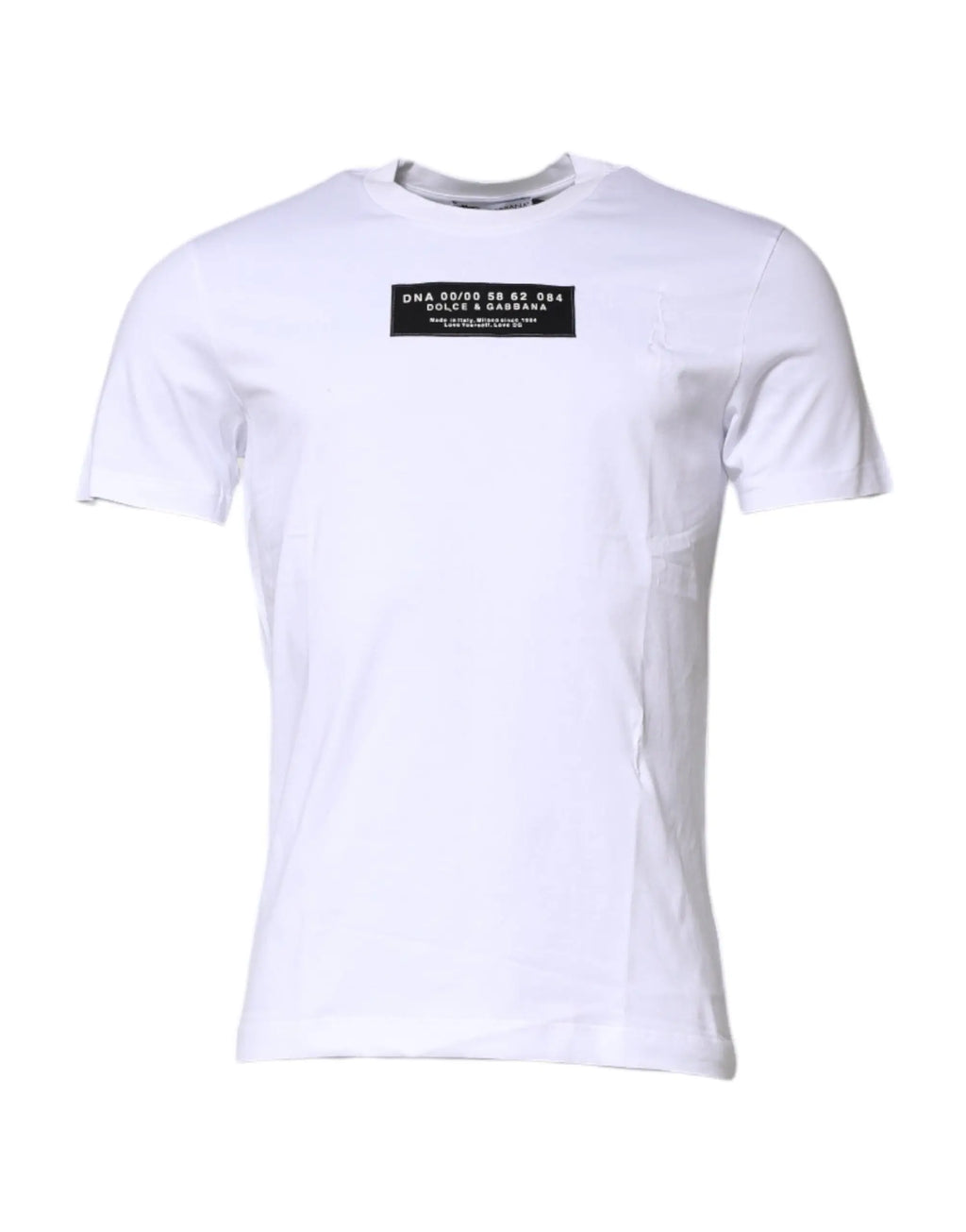 T-shirt blanc en coton dolce & gabbana avec étiquette rectangulaire noire et texte blanc sur la poitrine