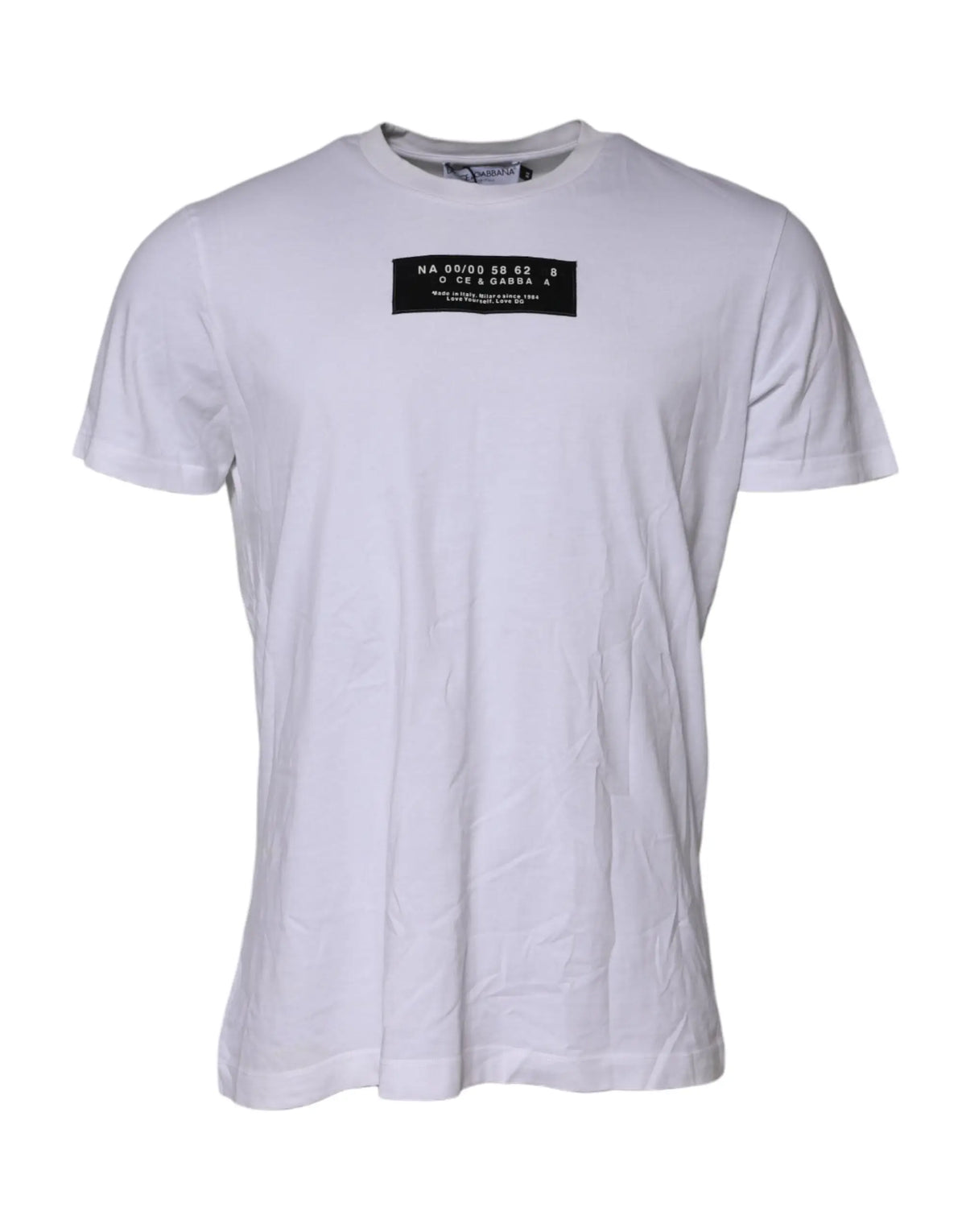 T-shirt blanc en coton dolce & gabbana avec étiquette noire rectangulaire et texte blanc sur la poitrine