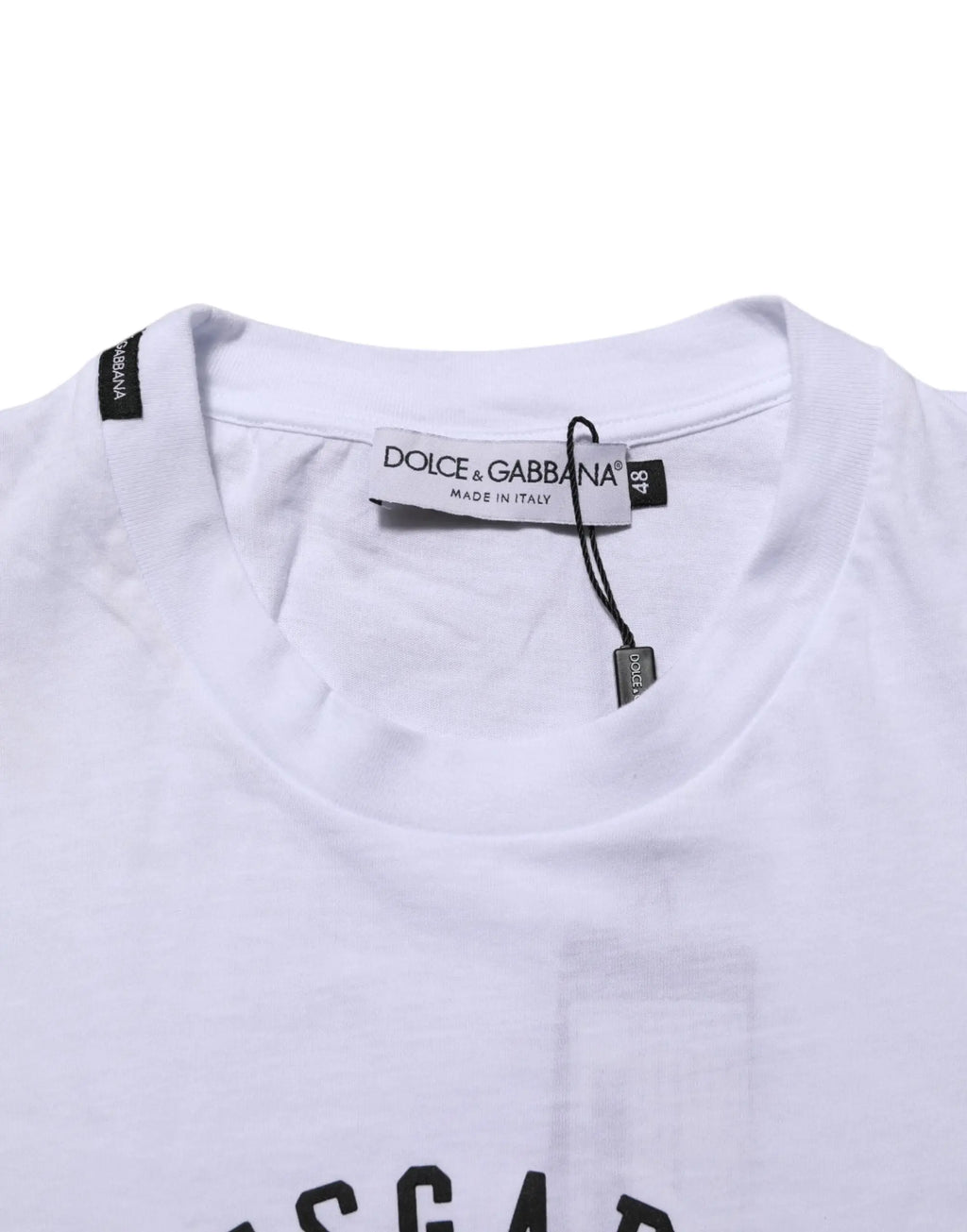 Dolce & gabbana t-shirt blanc en coton avec imprimé logo noir et étiquette made in italy visible