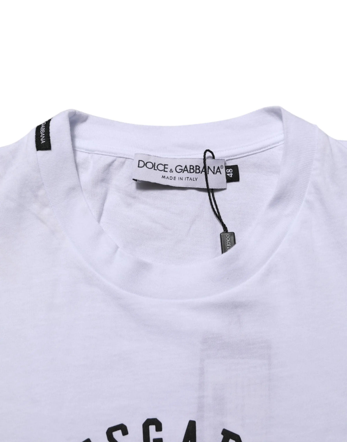 Dolce & gabbana t-shirt blanc en coton avec imprimé logo noir et étiquette made in italy visible