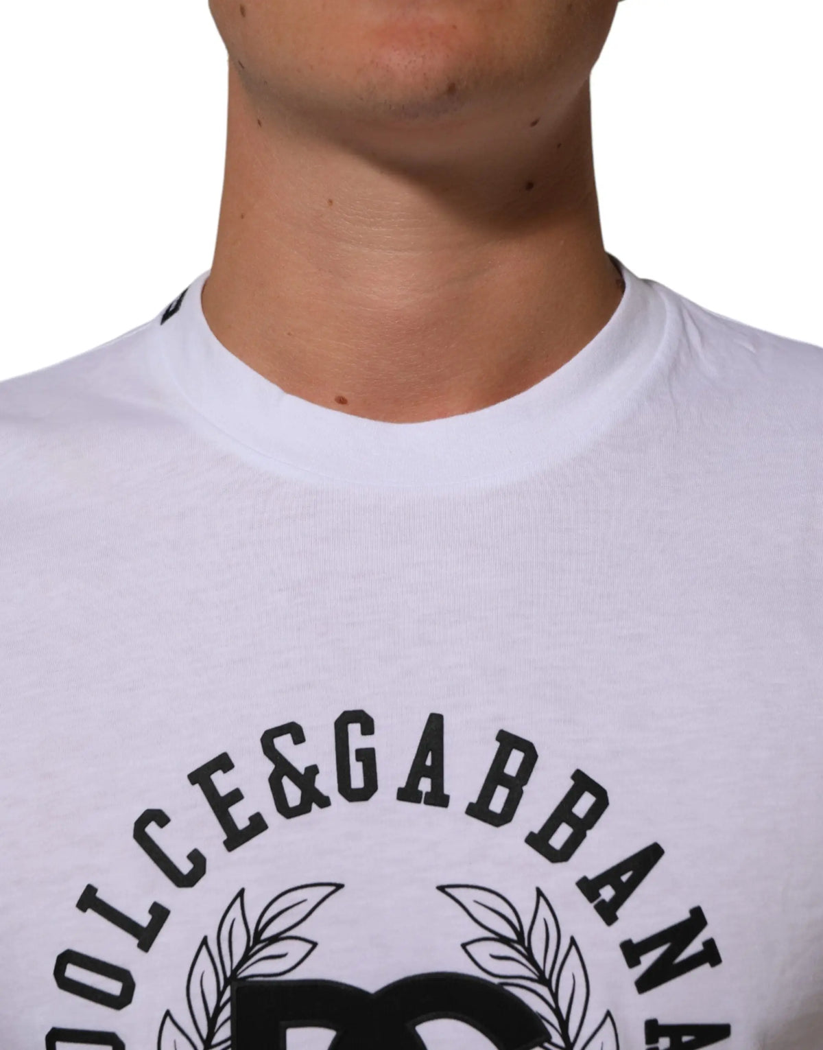 T-shirt dolce & gabbana blanc en coton avec logo noir circulaire et monogramme dg orné de feuilles de laurier