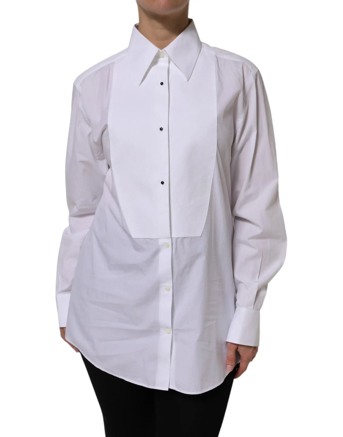 Blouse blanche de style tuxedo dolce & gabbana en coton avec boutons noirs contrastants et col tailleur net