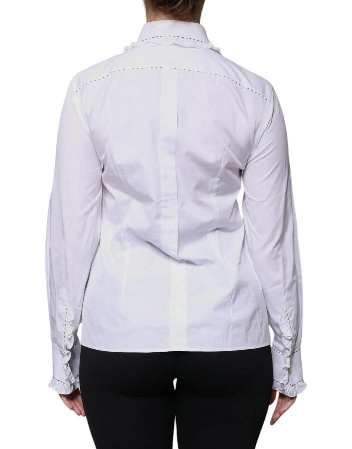 Blouse blanche dolce & gabbana en coton à manches longues avec poignets volantés subtils et couture centrale