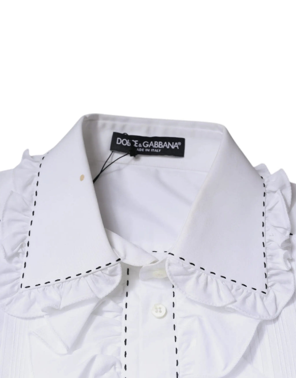 Blouse blanche dolce & gabbana en coton avec col à volants et coutures noires pointillées manches longues