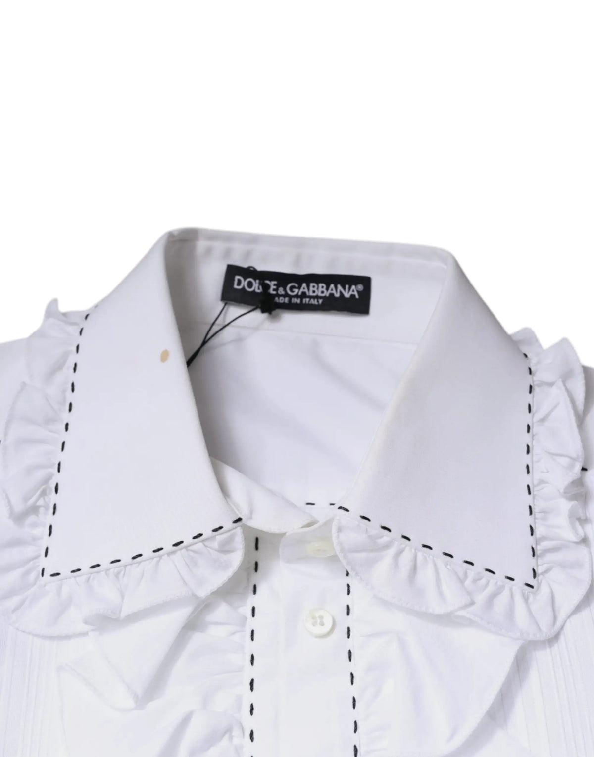 Blouse blanche dolce & gabbana en coton avec col à volants et coutures noires pointillées manches longues