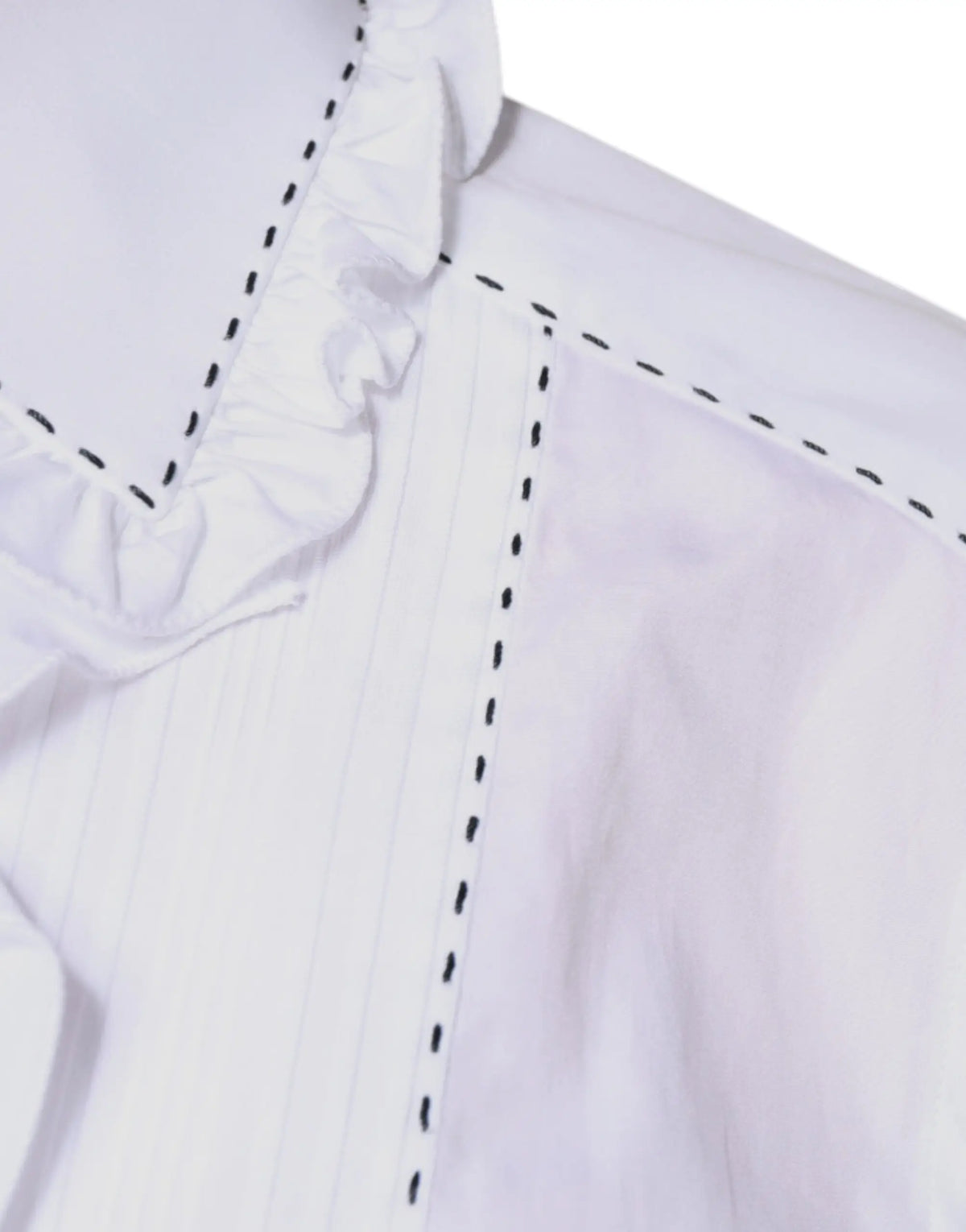 Dolce & gabbana white cotton long sleeves blouse with ruffle collar and black dashed stitching along neckline
