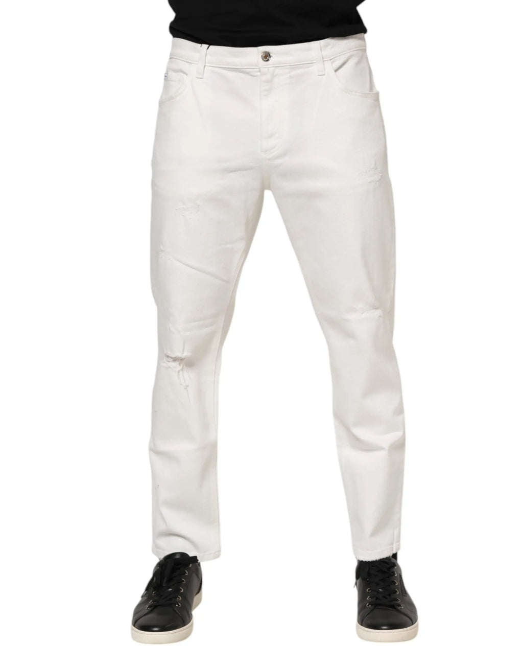 Dolce & gabbana jean blanc slim en coton pour homme avec coupe moderne et délavage subtil aux genoux