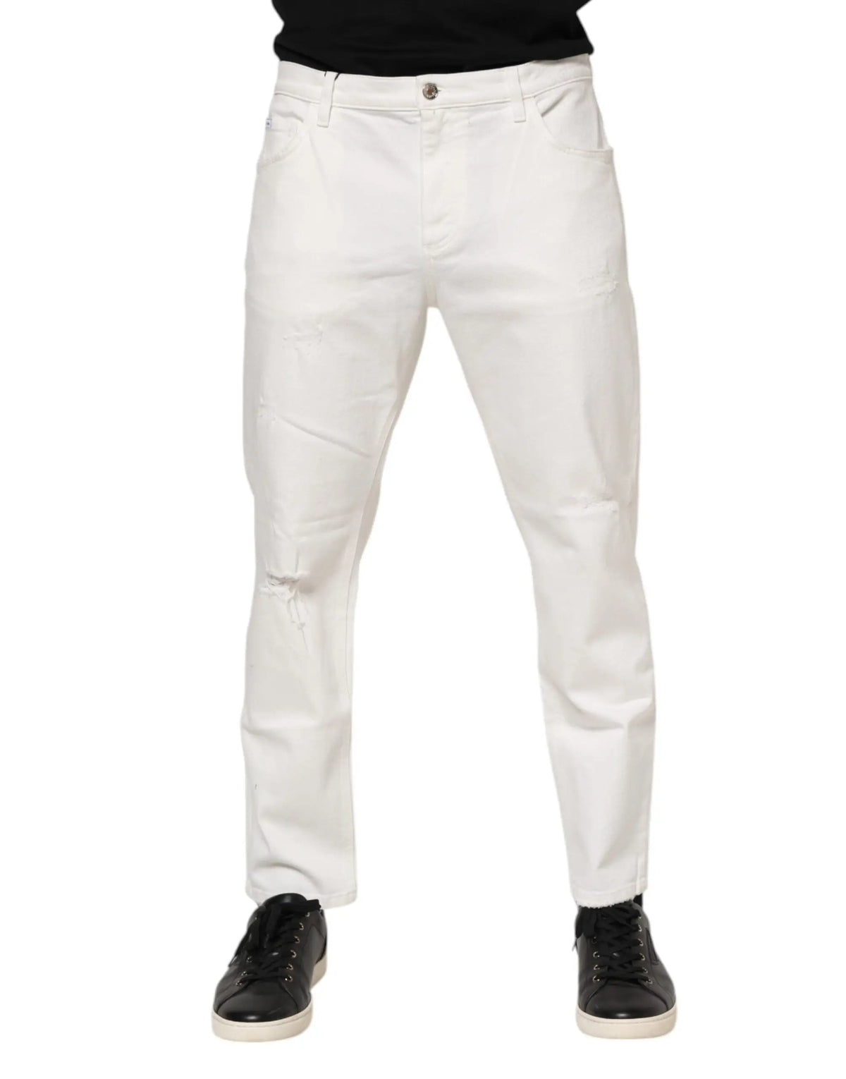 Jeans blancs en coton dolce gabbana pour homme coupe slim avec déchirures subtiles aux genoux