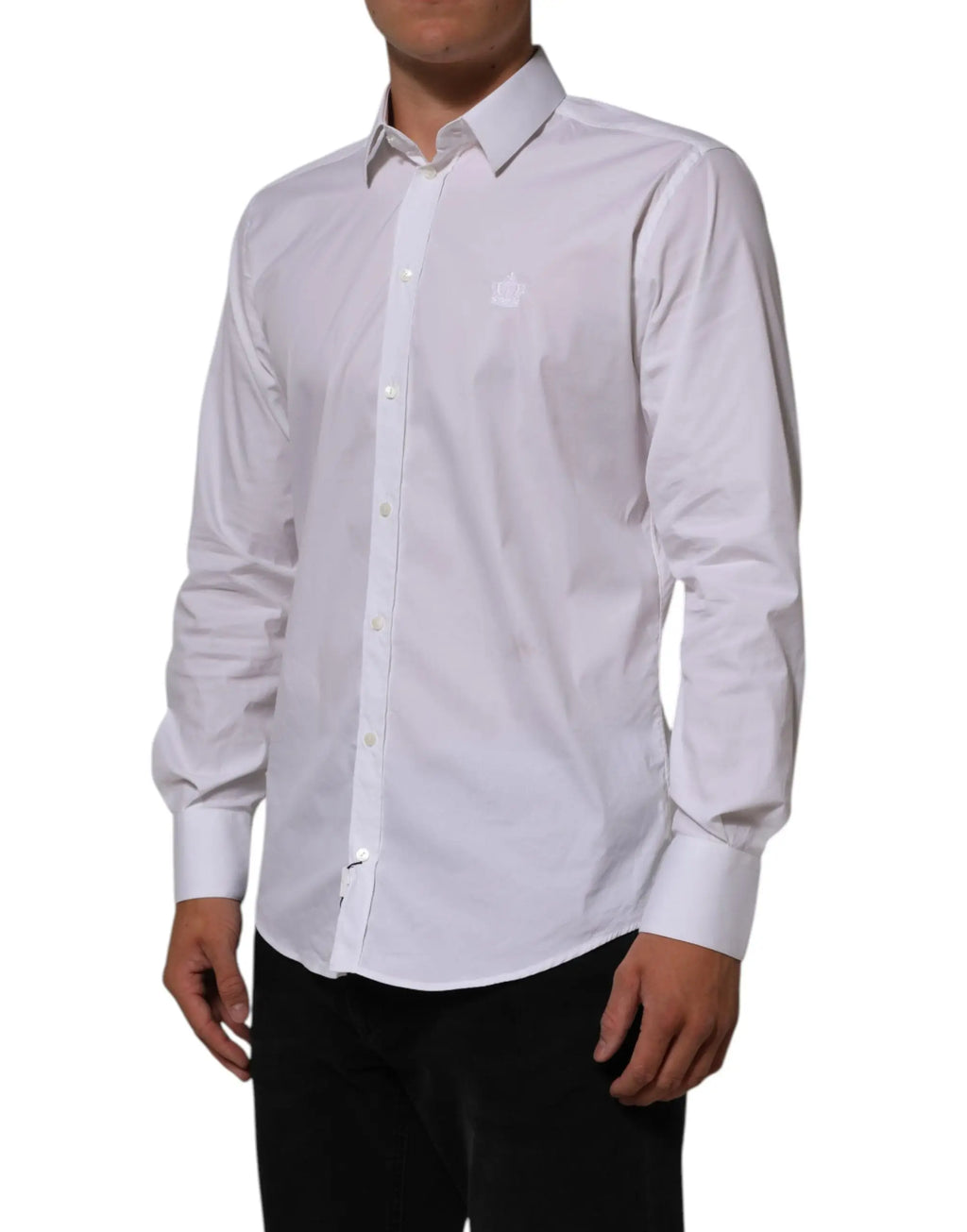 Chemise homme formelle dolce & gabbana blanche en coton manches longues avec logo brodé subtil sur la poitrine gauche