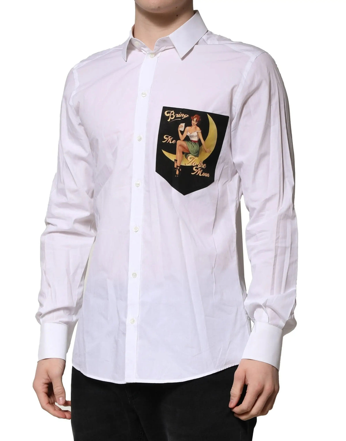 Chemise blanche dolce & gabbana en coton à manches longues avec patch noir vintage femme sur croissant de lune