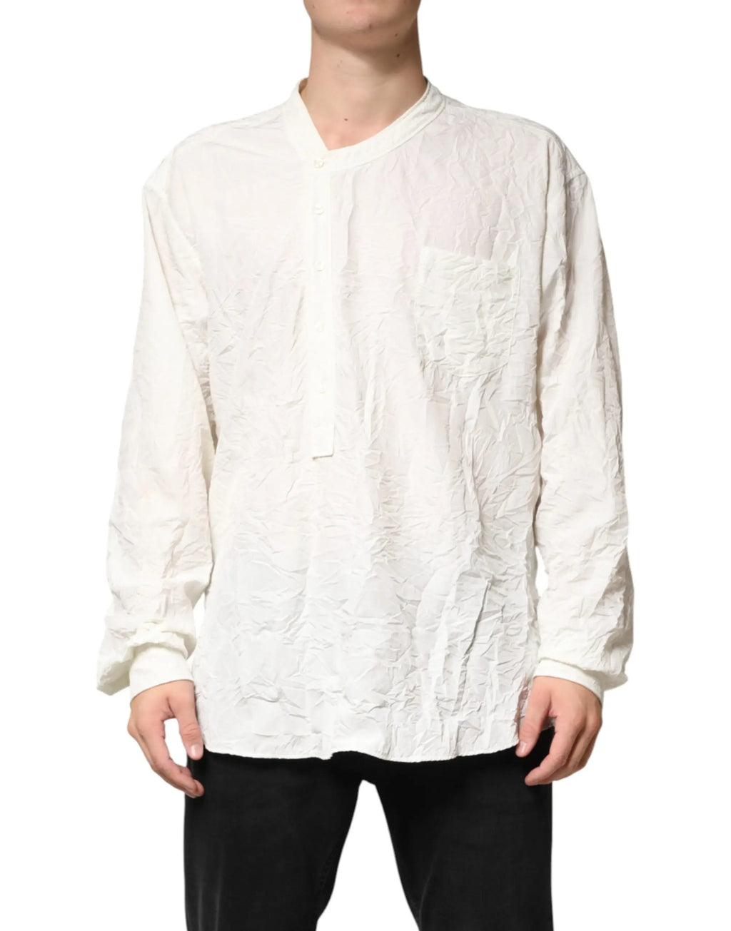 Dolce & gabbana chemise homme blanche en coton à manches longues avec tissu froissé et boutonnage devant