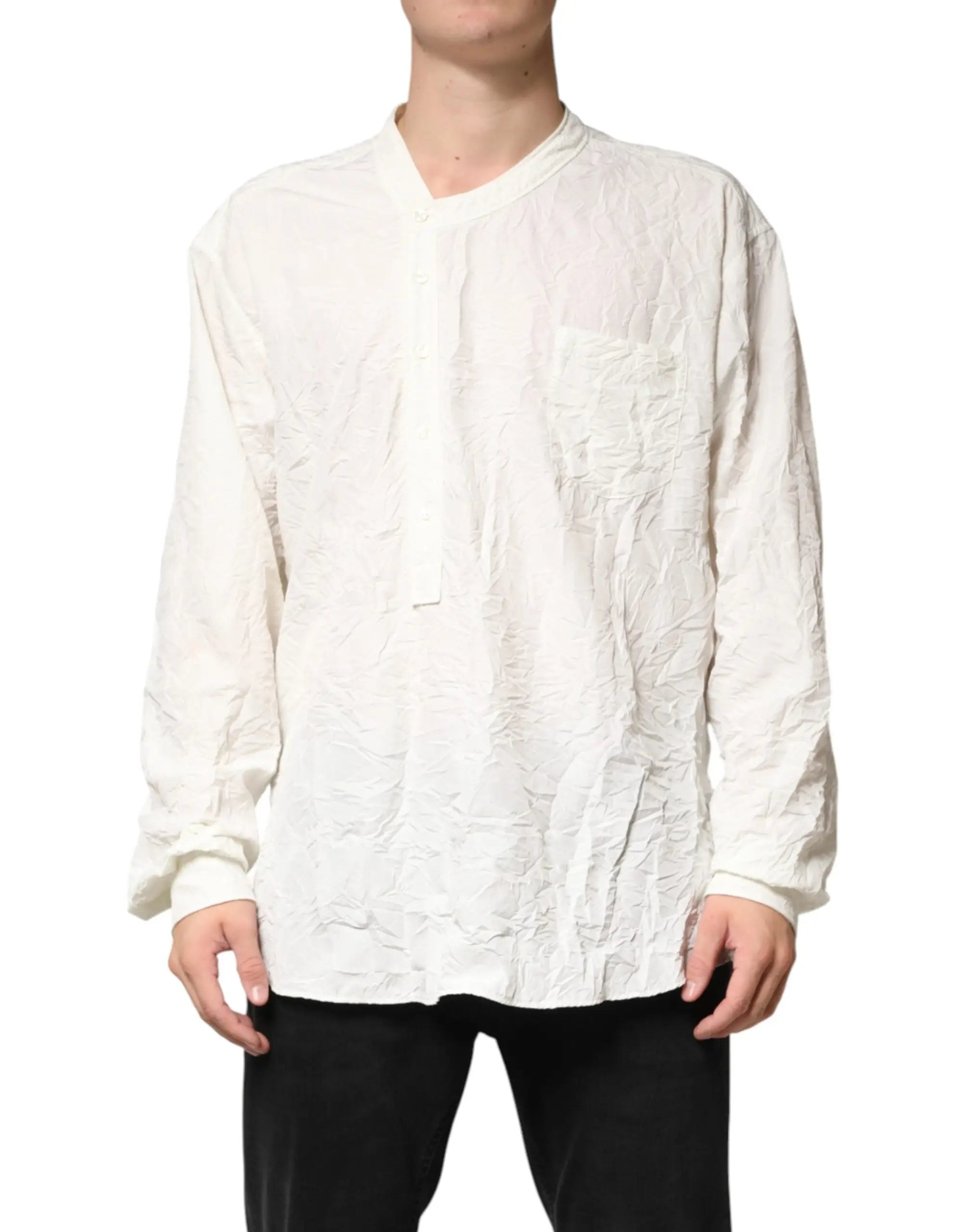 Chemise homme blanche dolce & gabbana en coton à manches longues avec tissu froissé et fermeture boutonnée