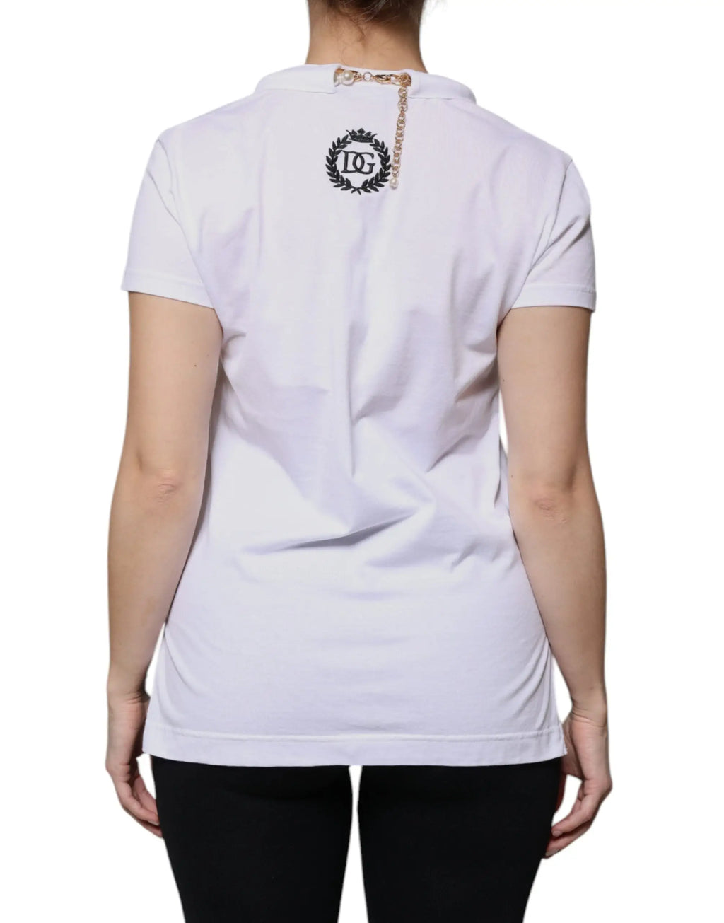 Polo blanc dolce & gabbana en coton avec chaîne dorée au col et logo brodé noir manches courtes