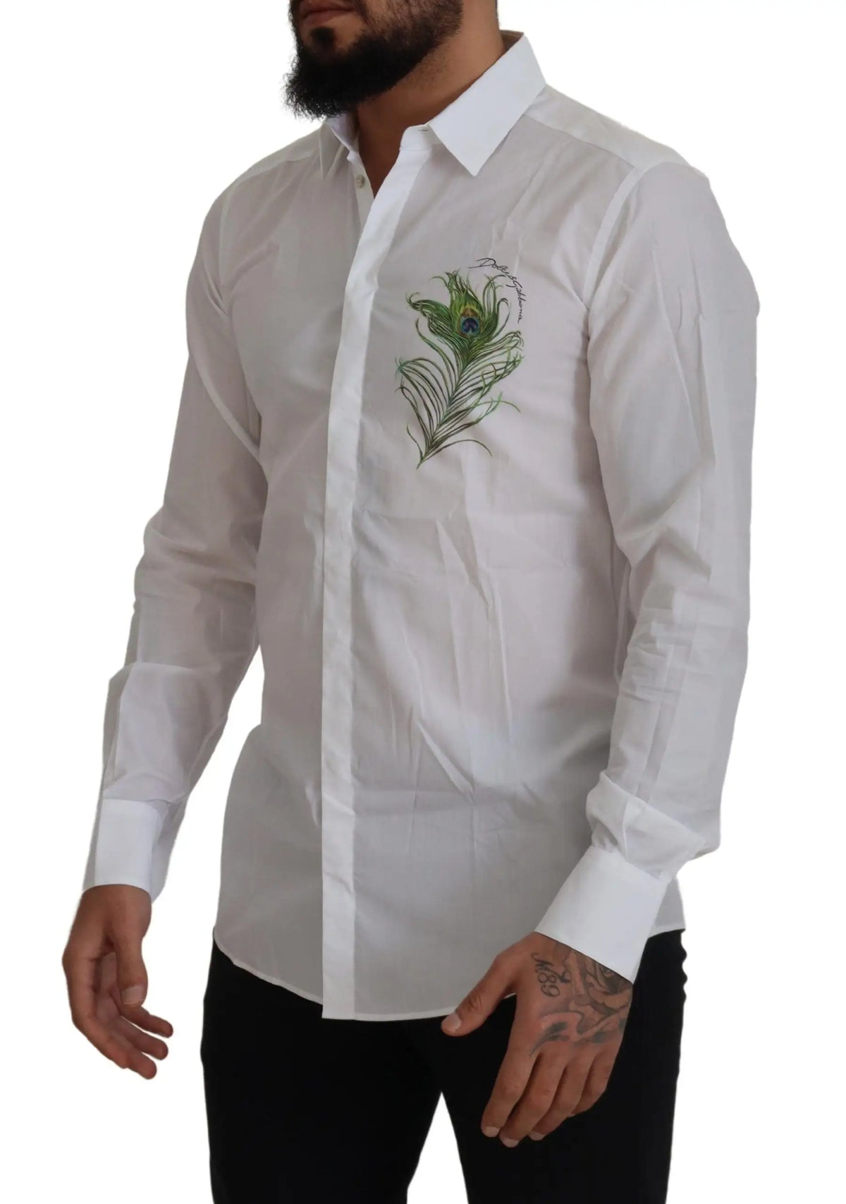 Chemise formelle blanche pour homme dolce & gabbana en coton avec broderie plume de paon dorée sur la poitrine