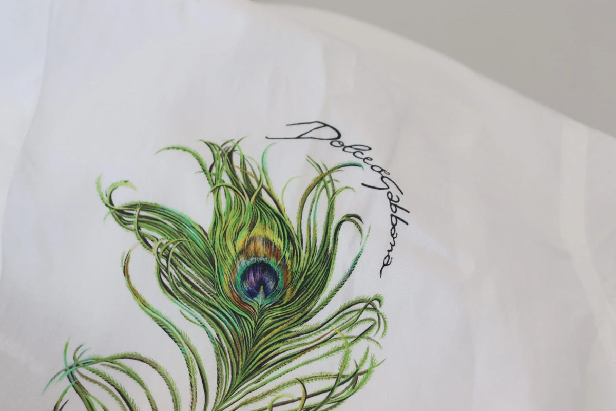 Chemise formelle en coton blanc dolce and gabbana avec plume de paon brodée en vert vif et signature dolce and gabbana