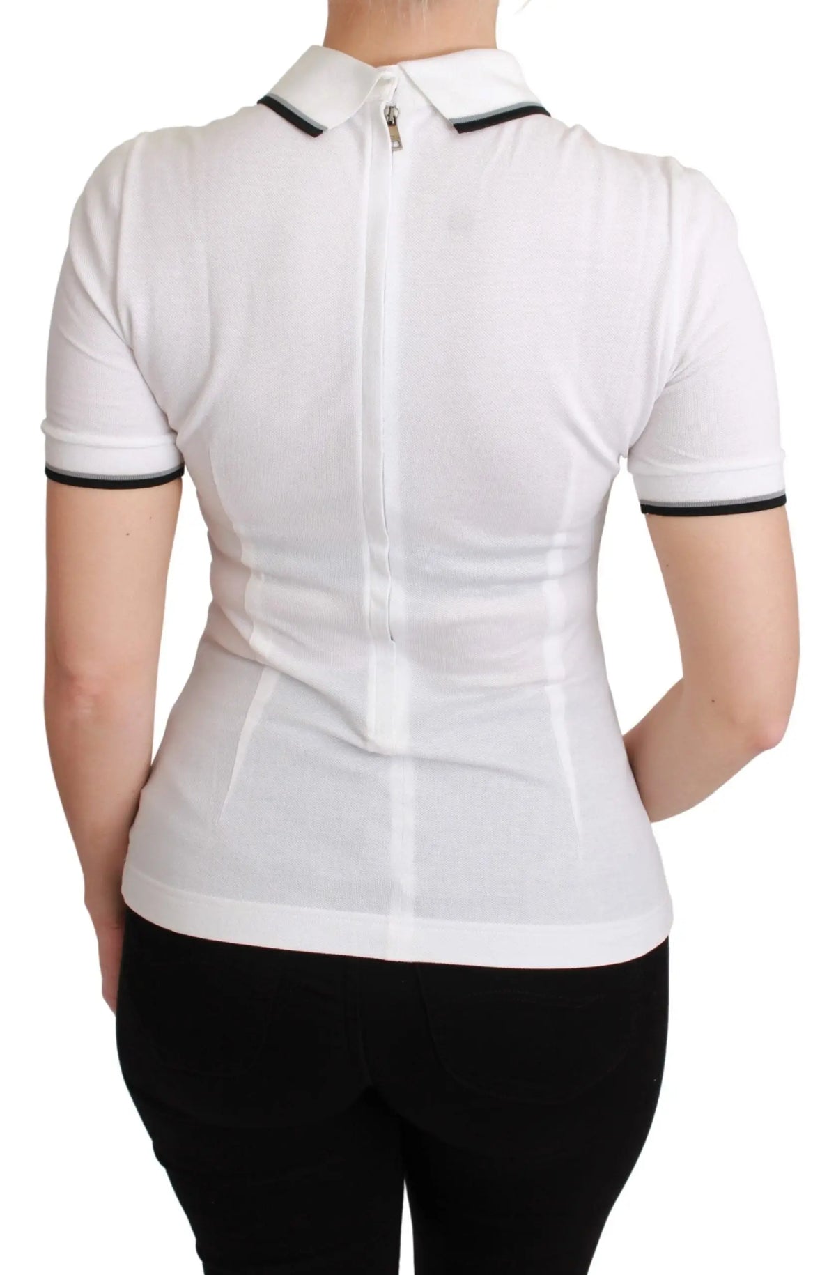 Polo blanc dolce gabbana en coton avec col et manches noires et fermeture éclair au dos