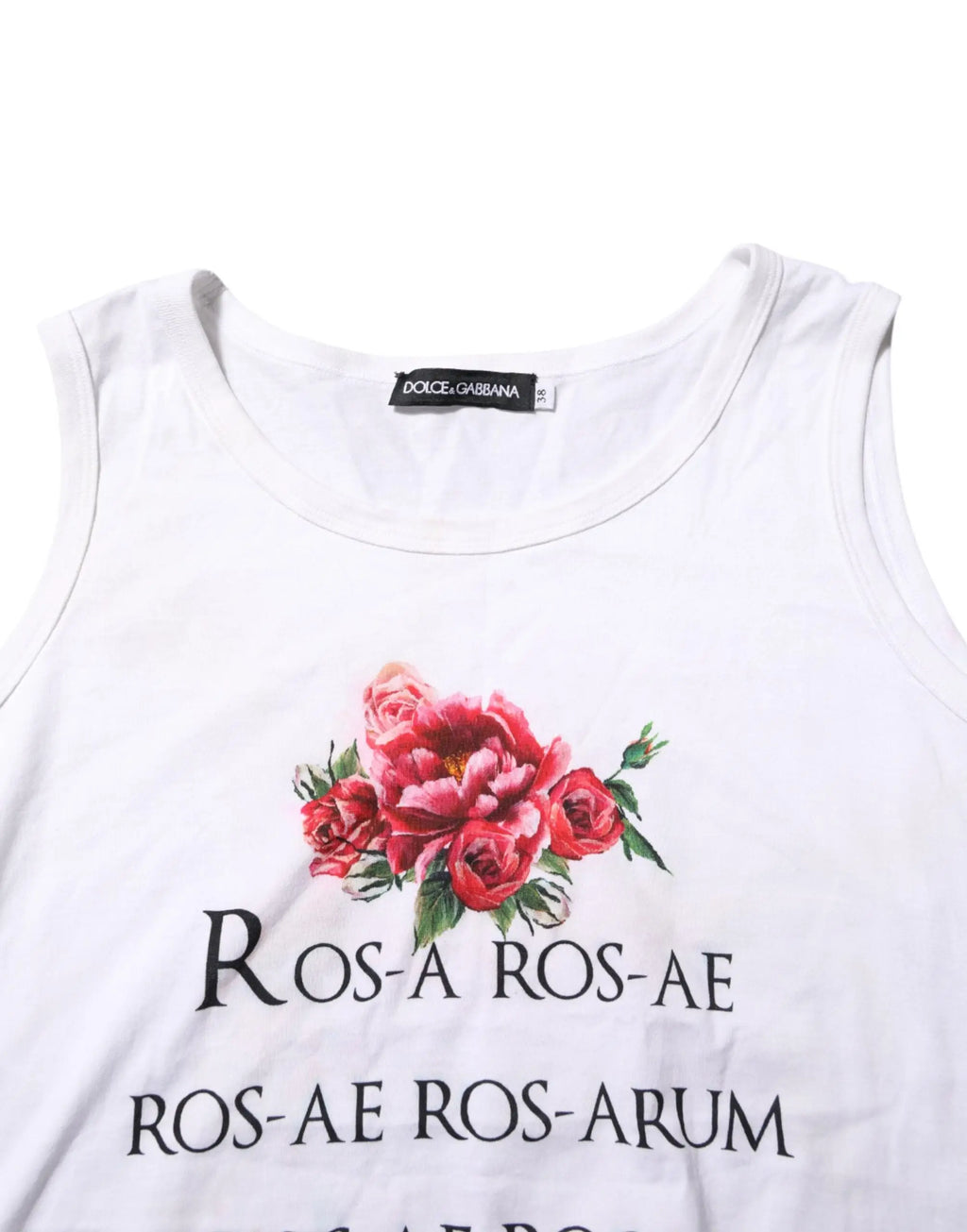 Top sans manches blanc dolce & gabbana en coton avec imprimé floral rose rouge et texte noir ros-a ros-ae ros-ae ros-arum