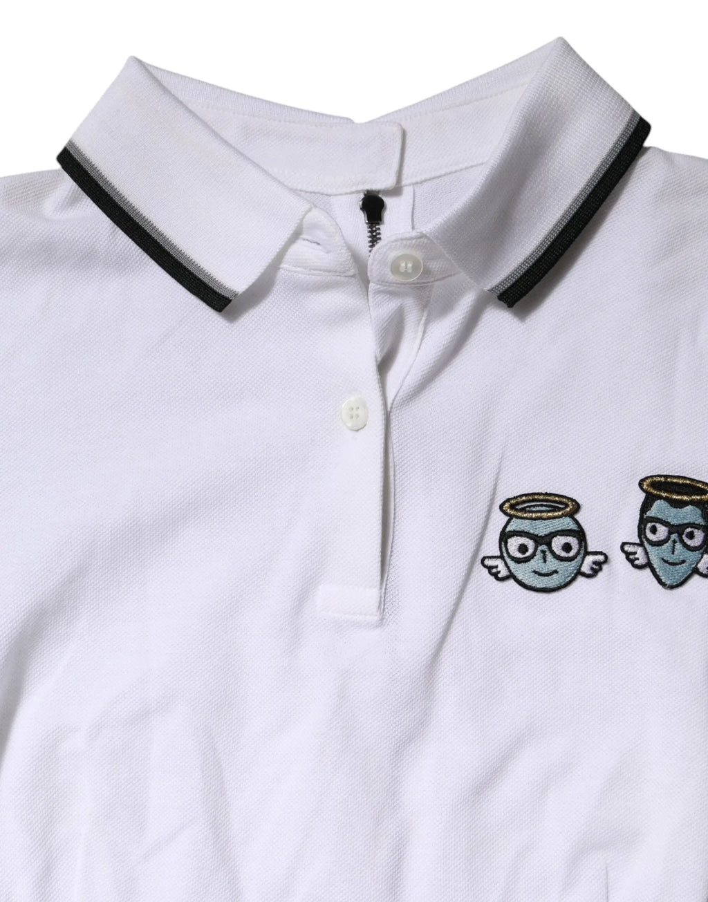 Polo blanc dolce & gabbana en coton manches courtes avec col noir et anges brodés bleu teal gris et or