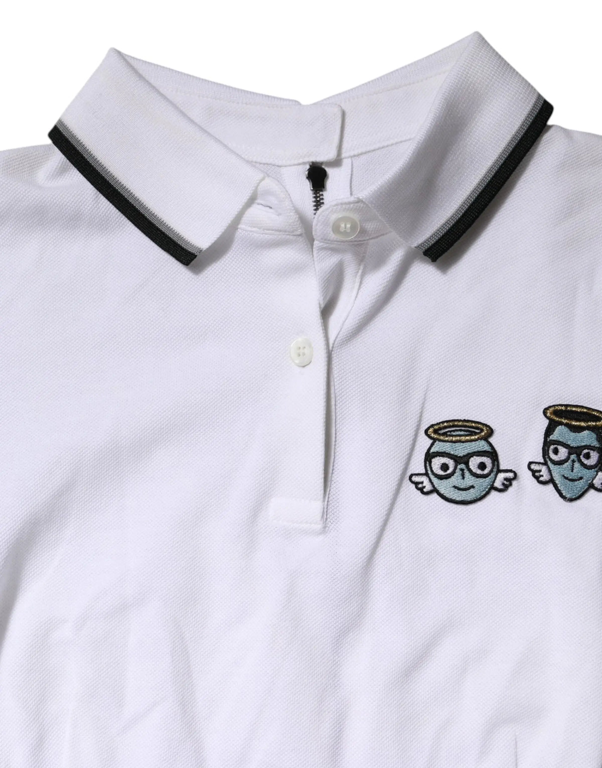 Polo blanc dolce & gabbana en coton manches courtes avec col noir et anges brodés bleu teal gris et or