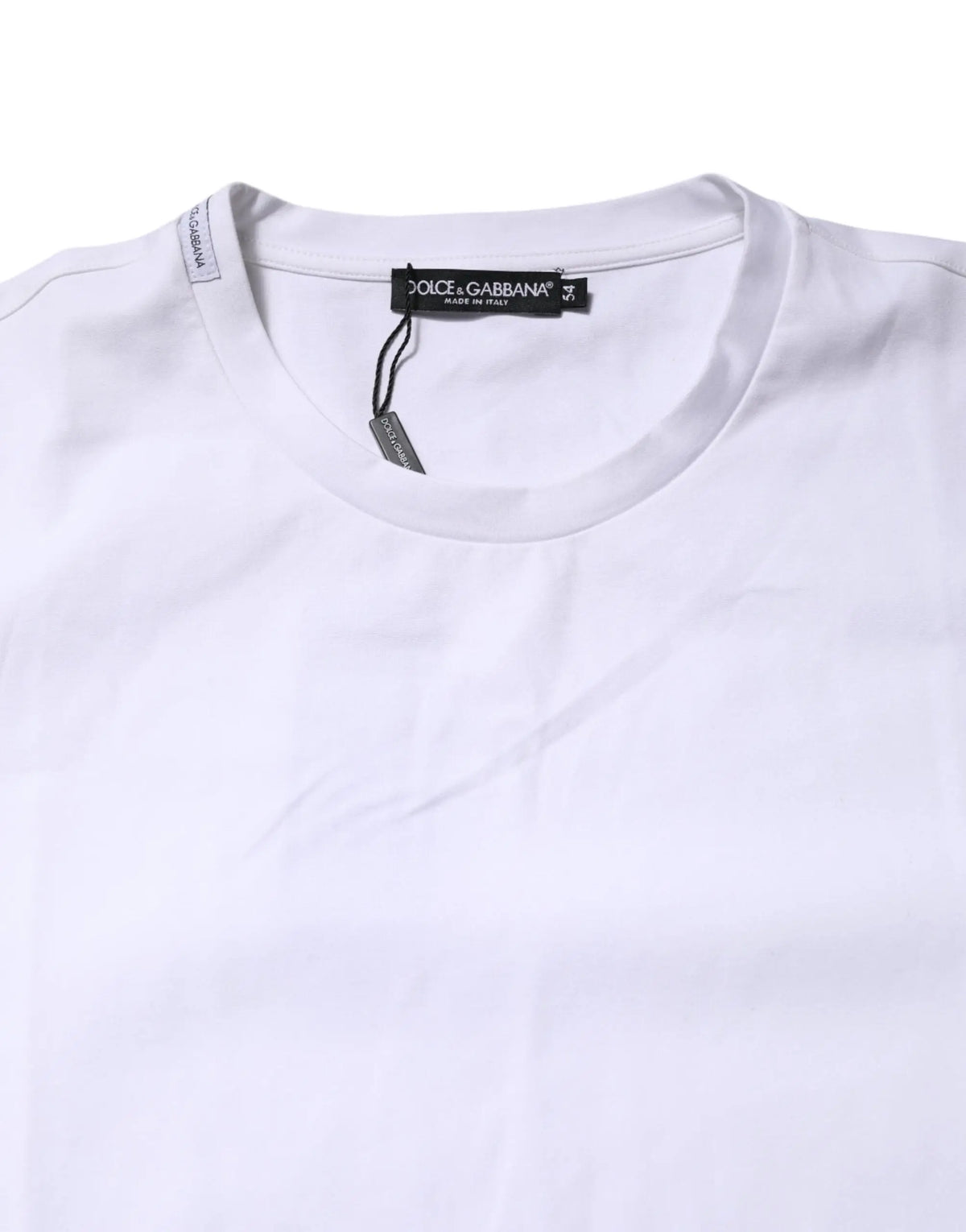 Dolce & gabbana t-shirt blanc en coton manches courtes col rond avec étiquette noire à la taille du col