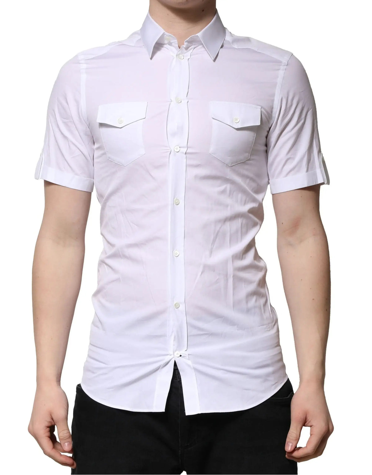 Chemise blanche en coton dolce & gabbana manches courtes avec deux poches poitrine et col net