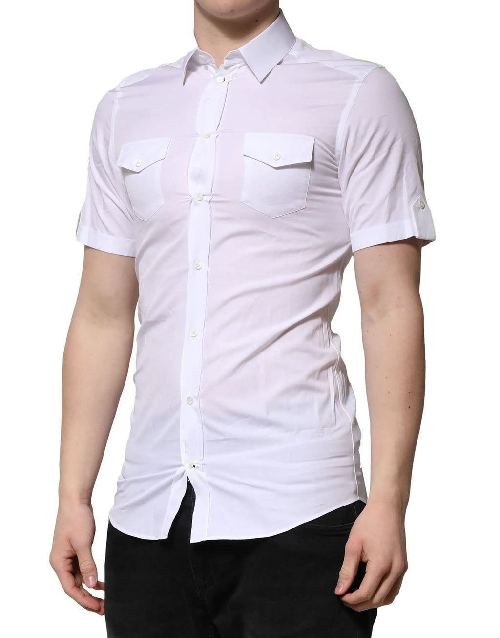 Chemise blanche dolce & gabbana en coton à manches courtes avec poches poitrine et manches retroussées