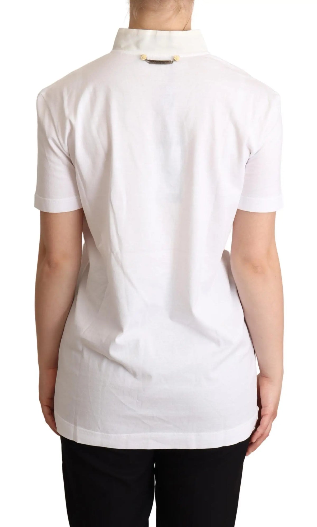 Dolce & gabbana t-shirt blanc à col ascot en coton et soie avec manches courtes vue dos et détail métallique au col