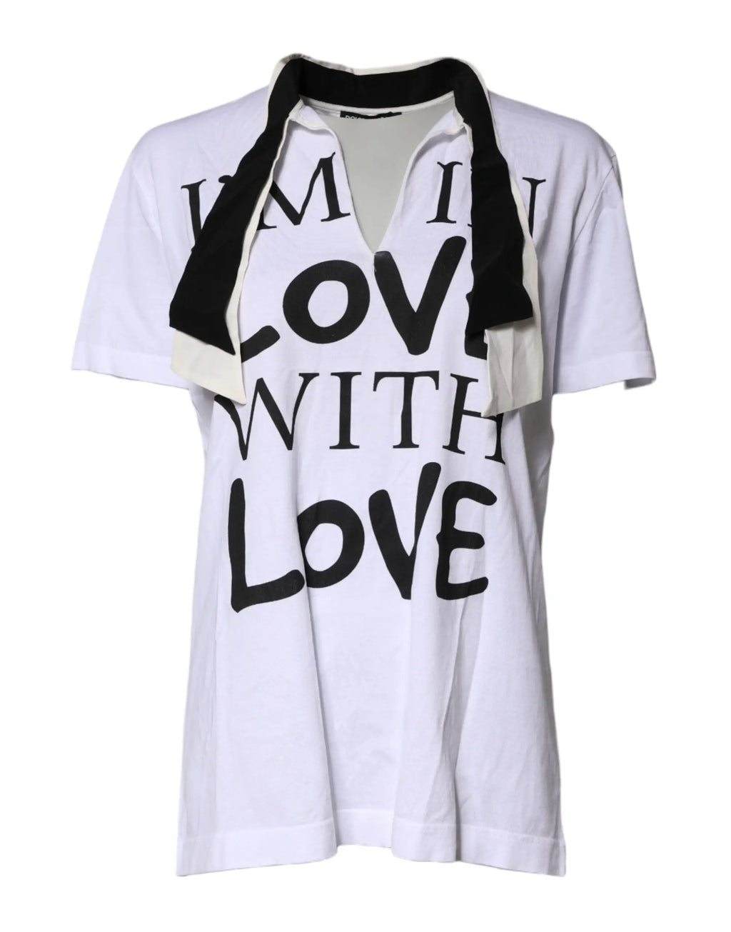 T-shirt dolce & gabbana blanc en coton soie avec col ascot et graphique noir je suis amoureuse de l amour