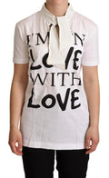Dolce & gabbana white cotton silk short-sleeved t-shirt with black im in love with love graphic and white collar tie