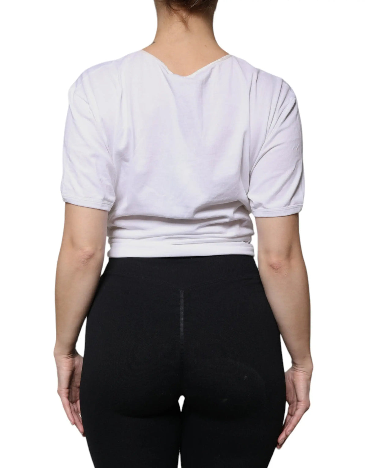 Blouse blanche dolce & gabbana en coton soie avec encolure ronde froncée et coupe décontractée manches courtes