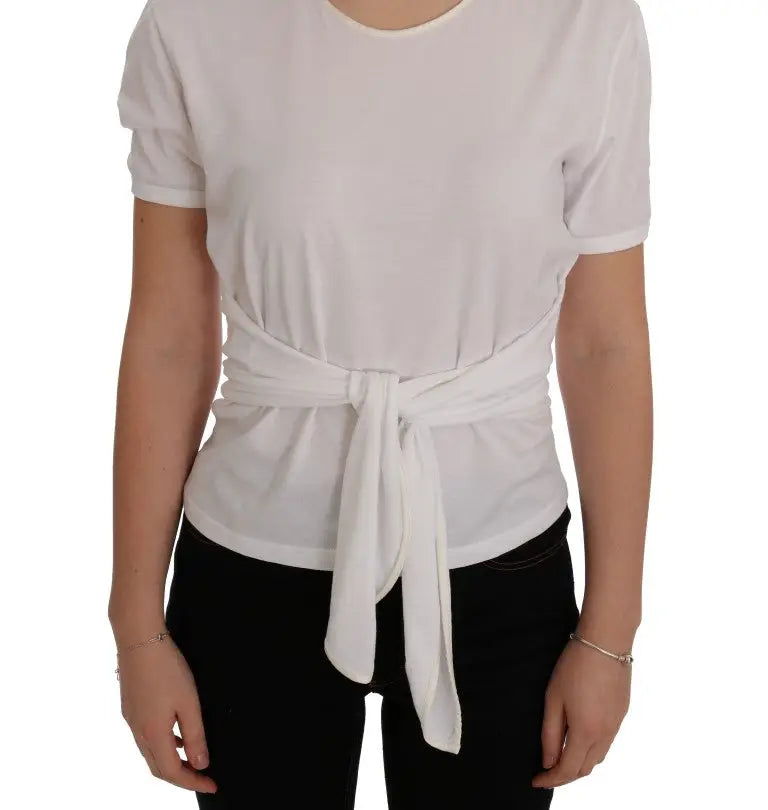 Dolce & gabbana t-shirt blanc en coton et soie avec manches courtes et taille nouée pour un style élégant