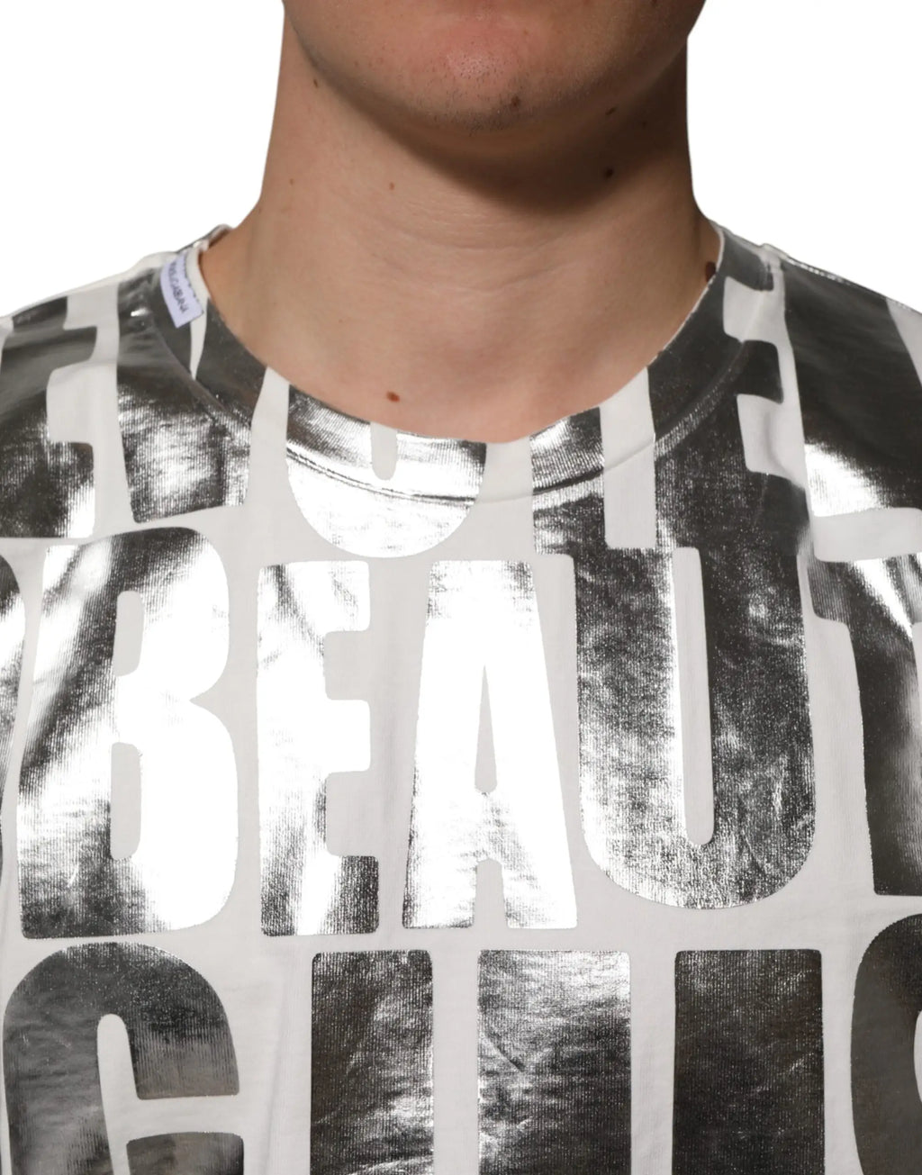 T shirt blanc dolce & gabbana en coton avec lettrage metallique argent bold beauty sur la poitrine
