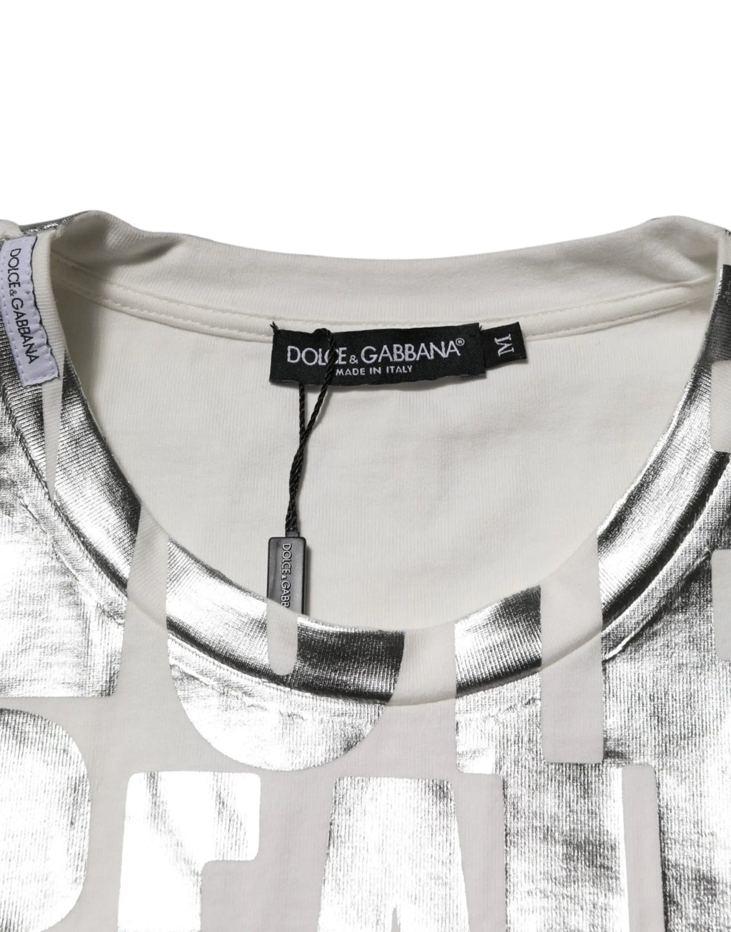 T-shirt blanc en coton dolce & gabbana avec imprimé graphique métallique argenté et slogan en avant